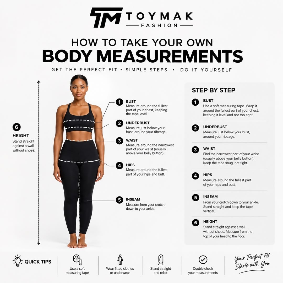 How to take your own body measurements. 1 Bust: measure around the fullest part of your chest, keeping the tape level. 2 Underbust: measure just below your bust, around your ribcage. 3 Waist: measure around the narrowest part of your waist, usually above your belly button. 4 Hips: measure around the fullest part of your hips and butt. 5 Inseam: measure from your crotch down to your ankle. 6 Height: stand straight against a wall without shoes and measure from the top of your head to the floor. Tips: use a soft measuring tape, wear fitted clothes or underwear, stand straight and relaxed, and double check your measurements.